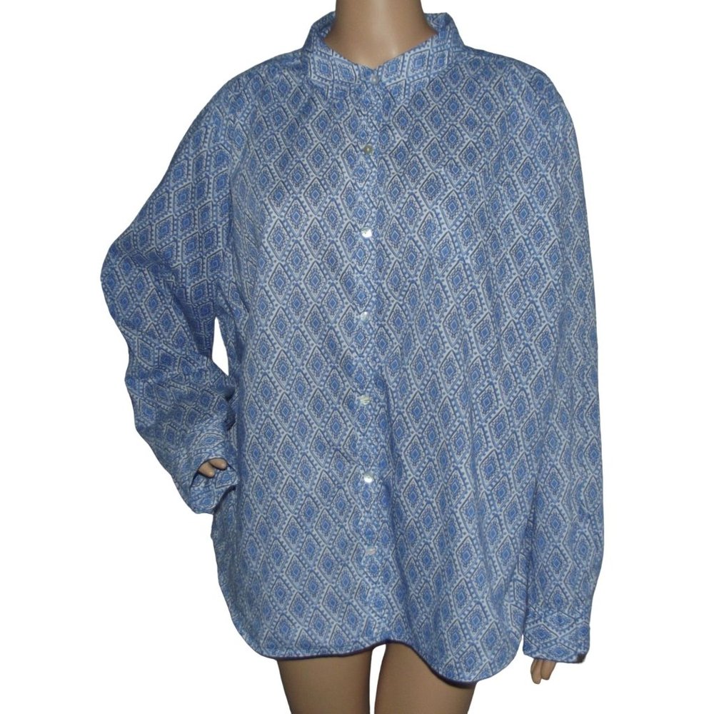CATO Woman 22W/24W Blouse pretty blue white geo diamond print button shirt top